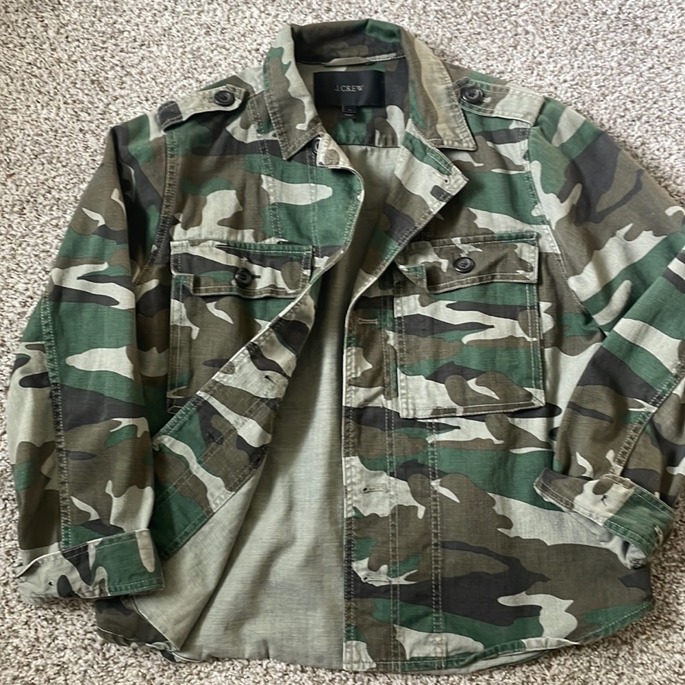 J crew camo light coat! Denim material